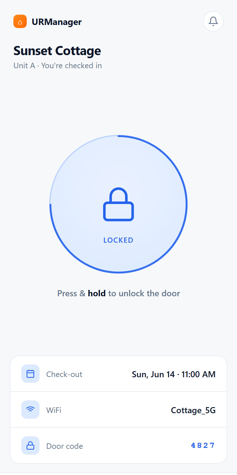 URManager guest app — press-and-hold smart-lock screen
