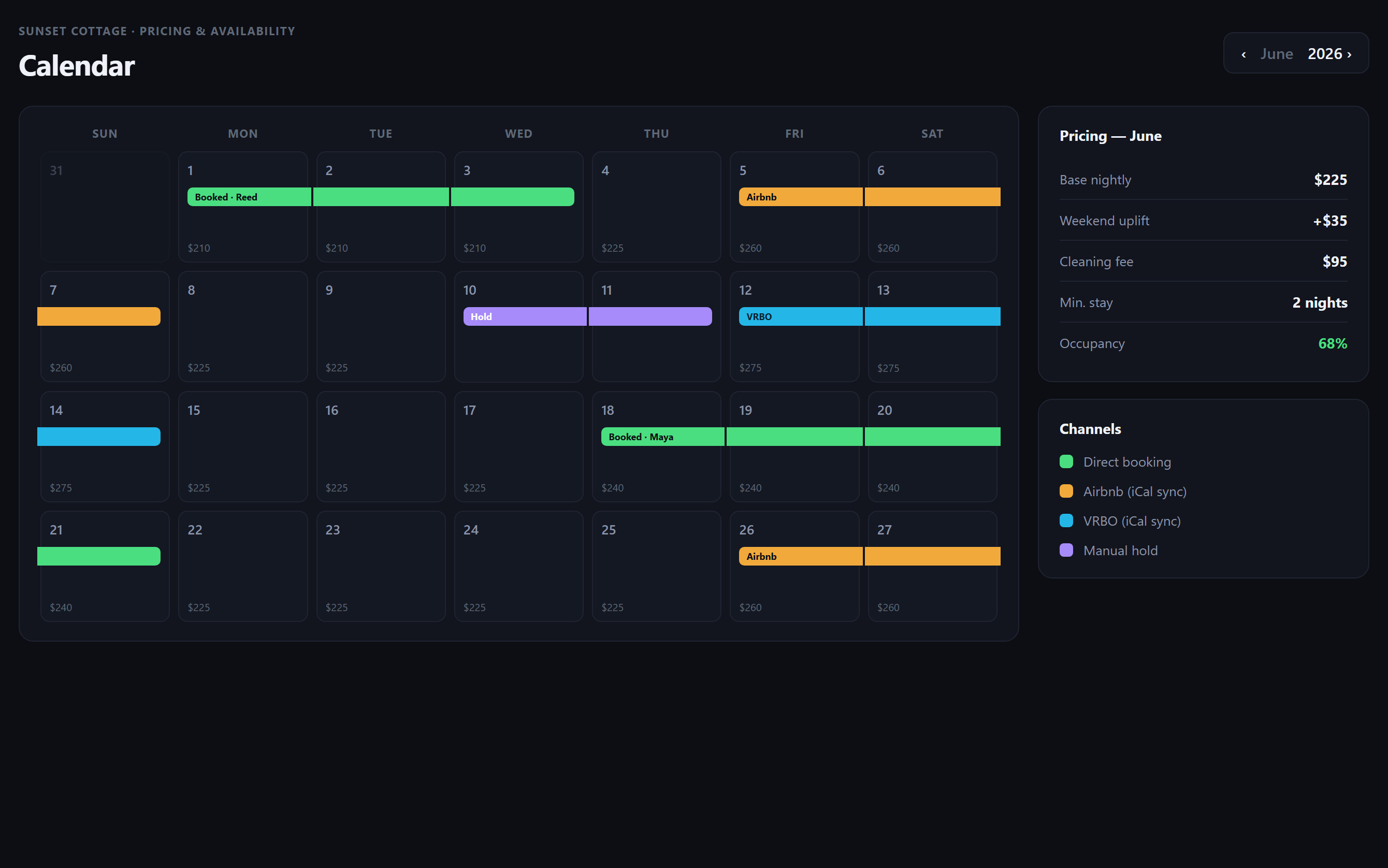 URManager booking calendar with color-coded channels and pricing