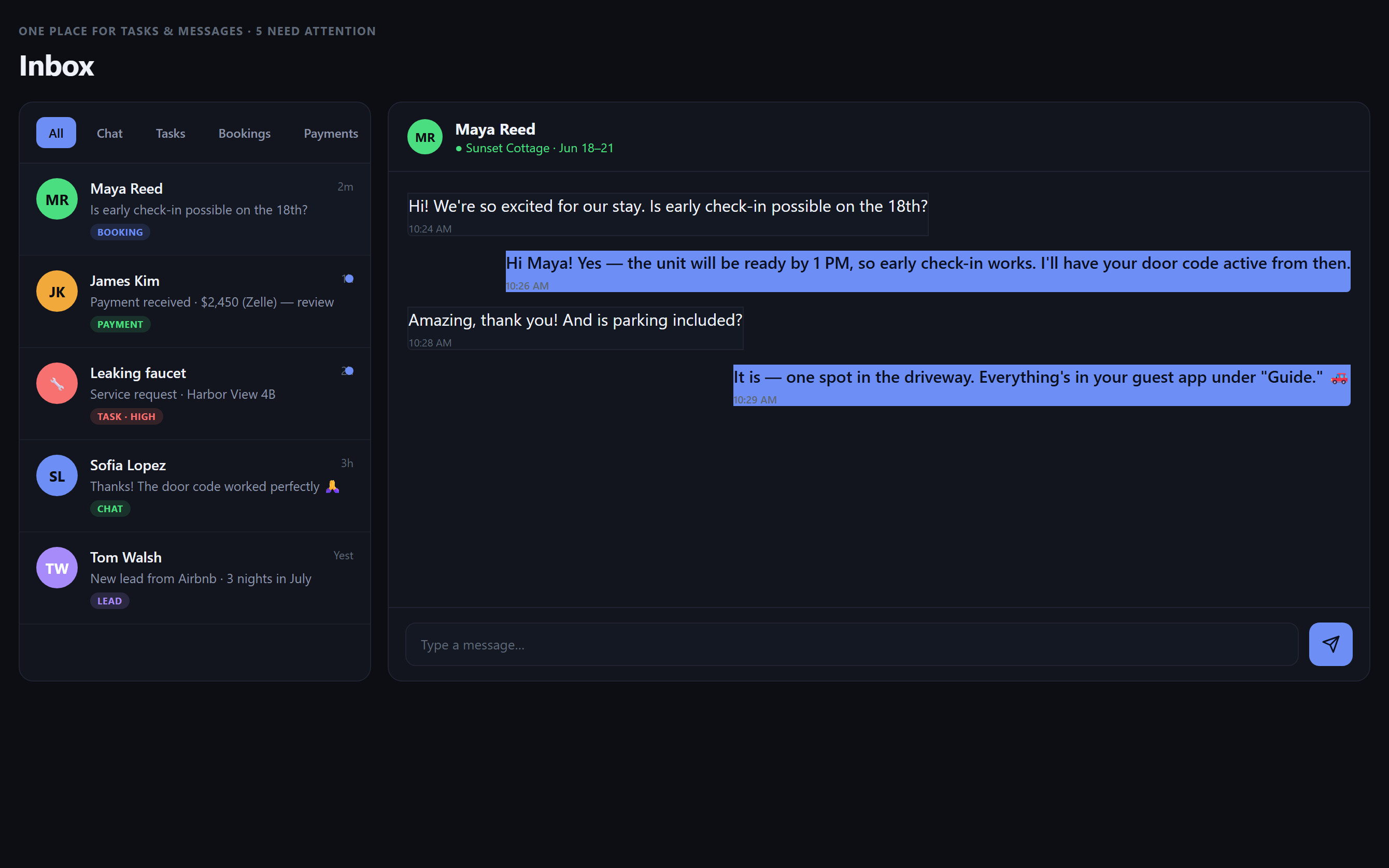 URManager unified inbox combining messages, tasks, bookings, payments and leads in one feed