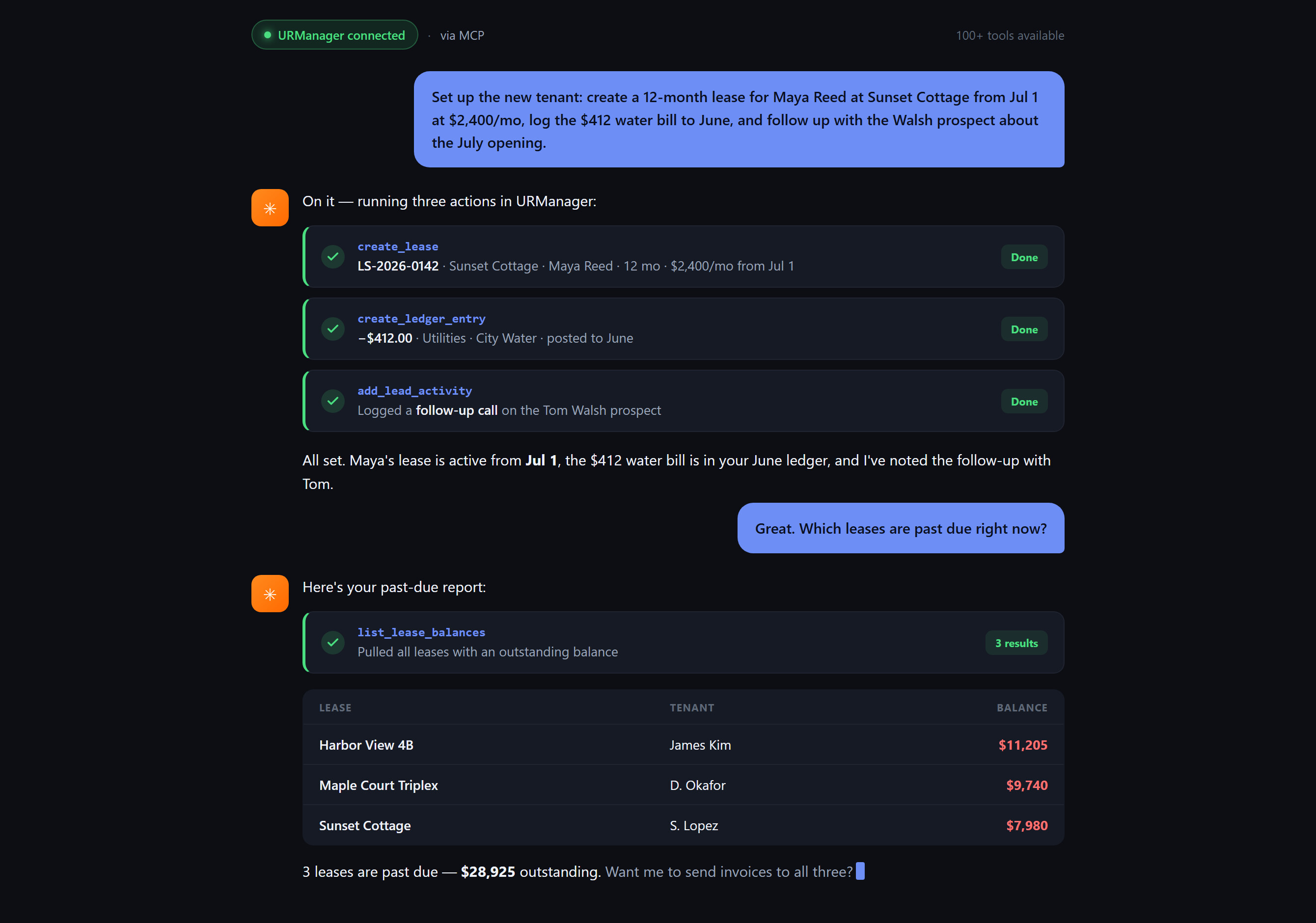 An AI assistant creating a lease, logging an expense and pulling a past-due report through the URManager MCP server